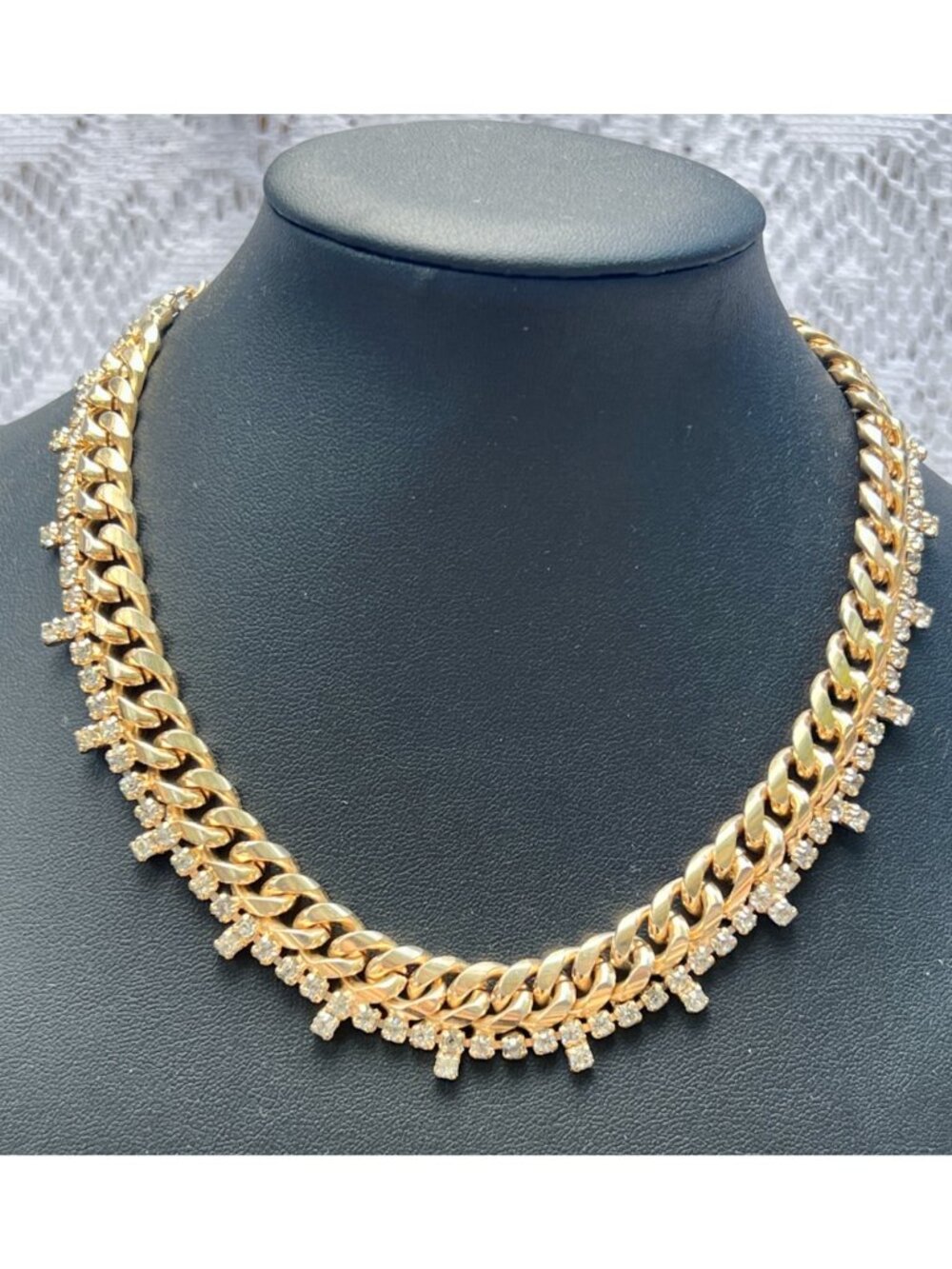 Gold-Tone Cuban Link Chain Necklace With Rhinestone Detailing Adjustable Length